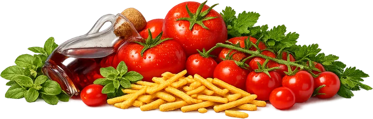 Chipstix potato sticks heaped with vine tomatoes, herbs and a bottle of vinegar