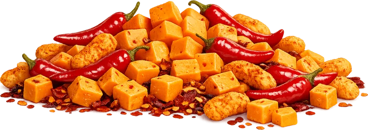 Dubai Pofak Chilli Cheeze puffs heaped with cheese cubes and red chillies